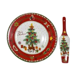 SET PIATTO ROTONDO + PALETTA COORDINATA DI NATALE IN CERAMICA DECORATIVA Ø27CM 4 MODELLI