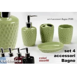 SET 4PZ ACCESSORI BAGNO DOSATORE PORTA SAPONE SPAZZOLINO IN CERAMICA POIS 616280
