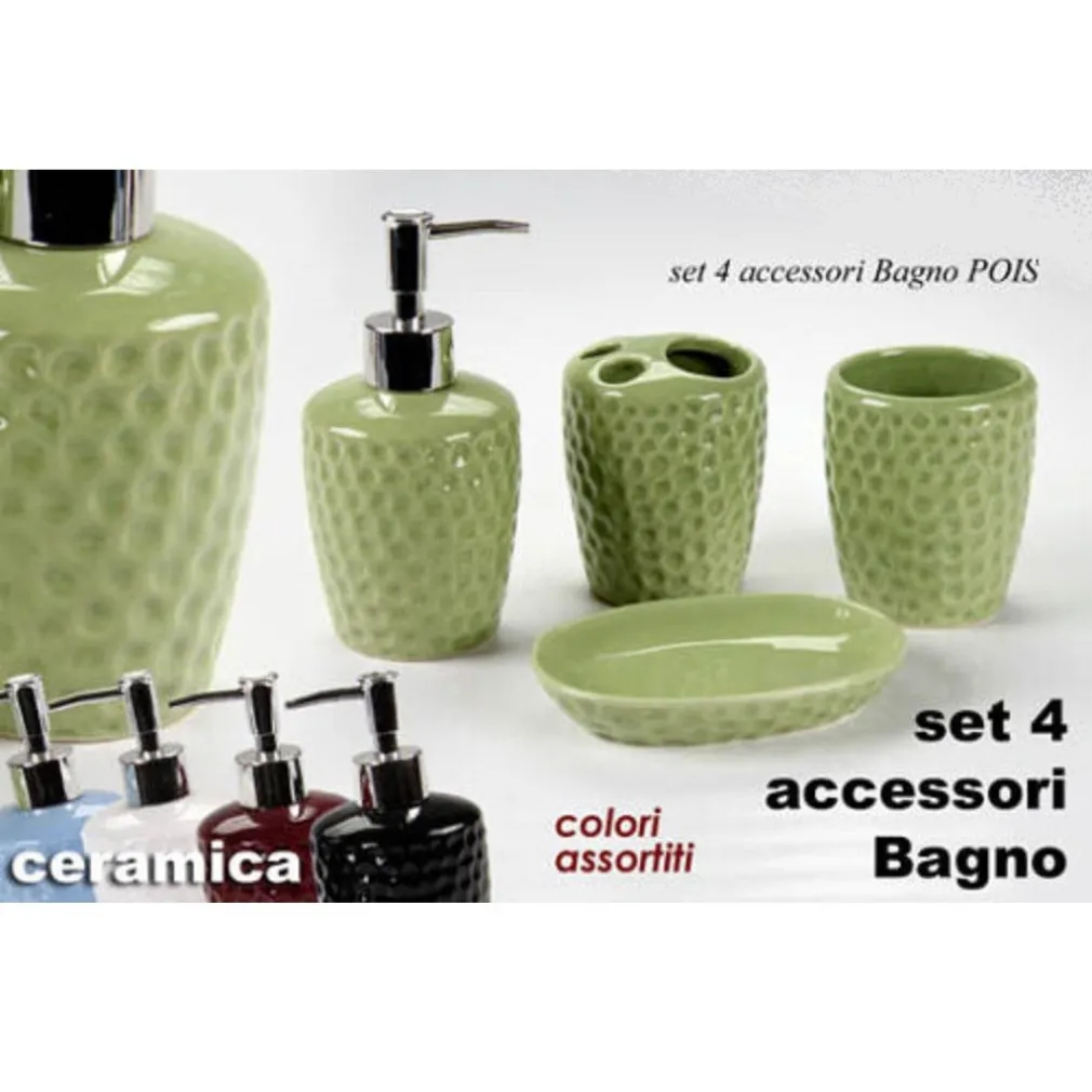 SET 4PZ ACCESSORI BAGNO DOSATORE PORTA SAPONE SPAZZOLINO IN CERAMICA POIS 616280