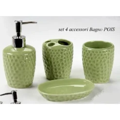 SET 4PZ ACCESSORI BAGNO DOSATORE PORTA SAPONE SPAZZOLINO IN CERAMICA POIS 616280