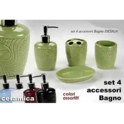 SET 4PZ ACCESSORI BAGNO IN CERAMICA PORTA SAPONE SPAZZOLINO DECORO DESIGN 616297