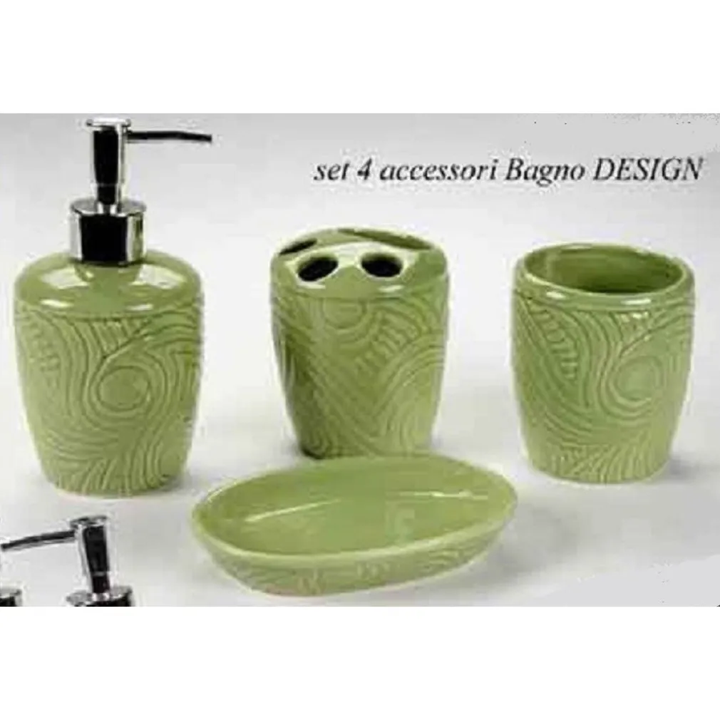 SET 4PZ ACCESSORI BAGNO IN CERAMICA PORTA SAPONE SPAZZOLINO DECORO DESIGN 616297