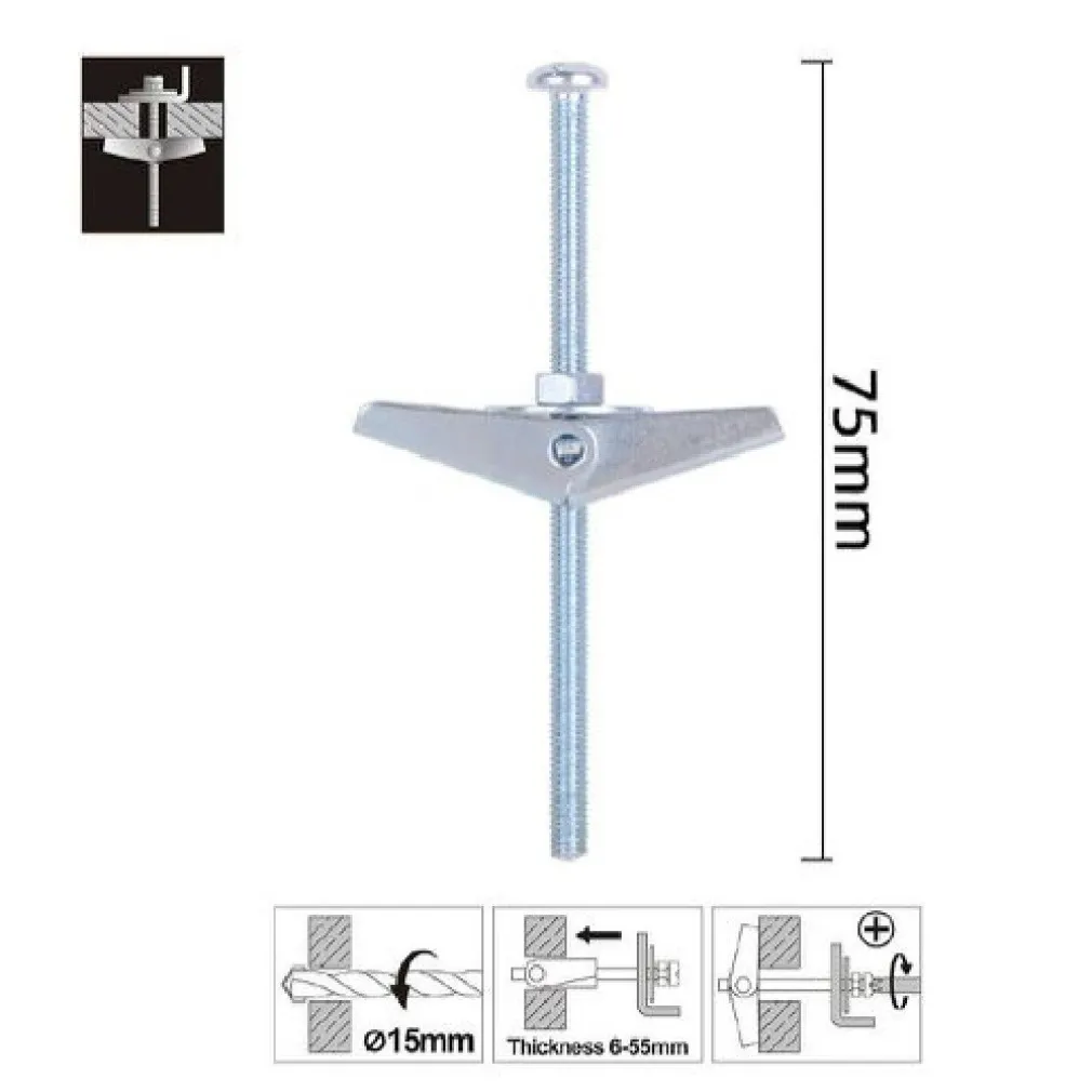 SET 2PZ ANCORA A FARFALLA IN ACCIAIO CON DADO E RONDELLA TASSELLO M5X75 MM 57226