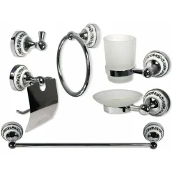 SET 6PZ BAGNO ACCIAIO VETRO CERAMICA BLU NERE 52438 PORTA ROTOLO SAPONE ASCIUGAMANO
