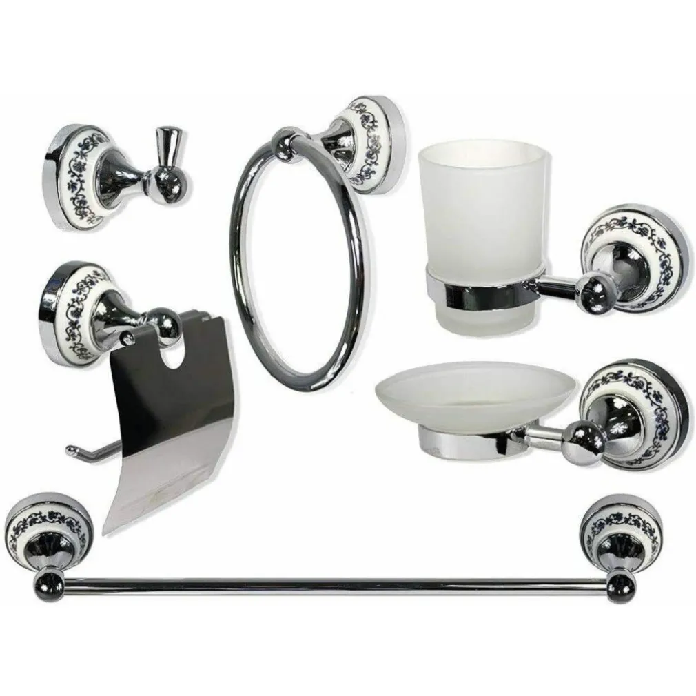 SET 6PZ BAGNO ACCIAIO VETRO CERAMICA BLU NERE 52438 PORTA ROTOLO SAPONE ASCIUGAMANO