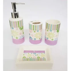 SET 4PZ BAGNO STRISCE LILLA FLOREALE CERAMICA DISPENSER SAPONE BICCHIERE SPAZZOLINI