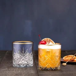 SET 4PZ BICCHIERE IN VETRO DESIGN ELEGANTE CON BORDINO DORATO 34,5CL PER WHISKY COCKTAIL