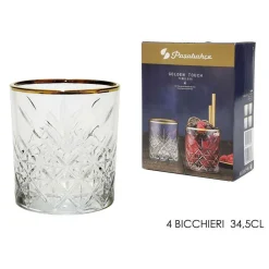 SET 4PZ BICCHIERE IN VETRO DESIGN ELEGANTE CON BORDINO DORATO 34,5CL PER WHISKY COCKTAIL