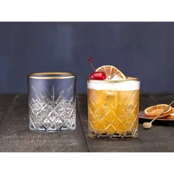 SET 4PZ BICCHIERE IN VETRO DESIGN ELEGANTE CON BORDINO DORATO 34,5CL PER WHISKY COCKTAIL