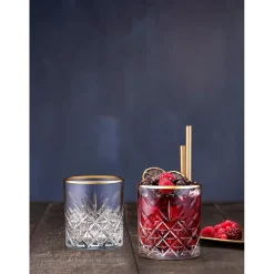 SET 4PZ BICCHIERE IN VETRO DESIGN ELEGANTE CON BORDINO DORATO 34,5CL PER WHISKY COCKTAIL