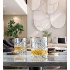 SET 4PZ BICCHIERE IN VETRO DESIGN ELEGANTE CON BORDINO DORATO 34,5CL PER WHISKY COCKTAIL