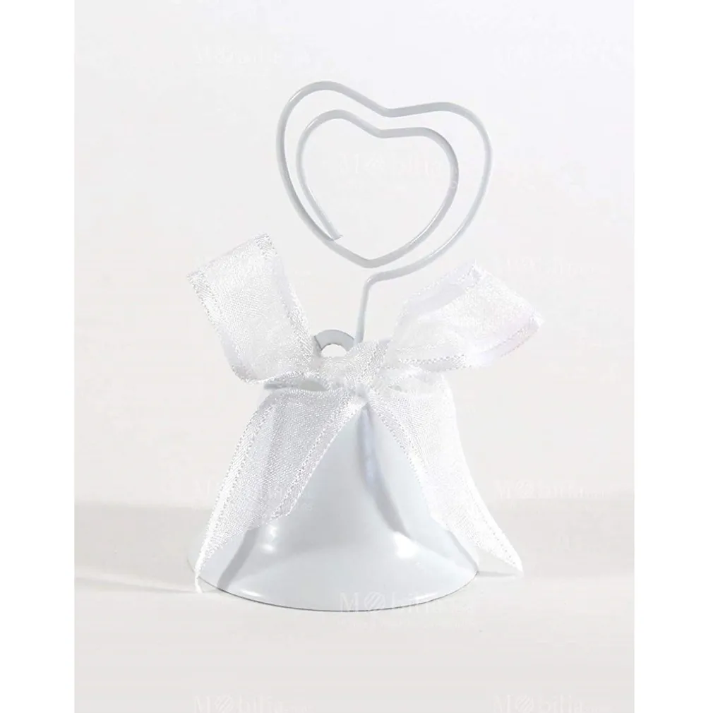 SET 6PZ CAMPANELLE SEGNAPOSTO CUORE CLIP NASTRINO BIANCO SEGNATAVOLA BOMBONIERA WEDDING