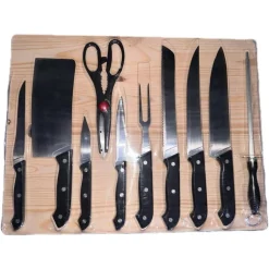 SET 11PZ CON COLTELLO DA PANE CUCINA CARNE VERSATILE TAGLIERE IN LEGNO FORBICI FORCHETTA
