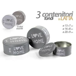 SET 3PZ CONTENITORI IN LATTA BARATTOLO CUCINA TONDO ASSORTITI I LOVE HOME 710513