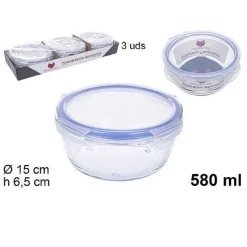 SET 3PZ CONTENITORI PER ALIMENTI VETRO TONDO CON COPERCHI PLASTICA 580ML 110549