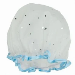 SET 2PZ CUFFIA DOCCIA BAGNO ELASTICO BORDINO AZZURRO STELLE PROTEGGE CAPELLI 79610