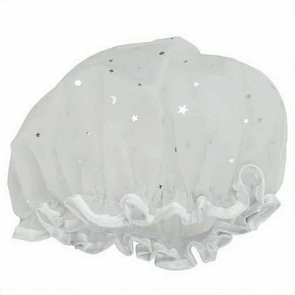 SET 2PZ CUFFIA DOCCIA BAGNO ELASTICO BORDINO BIANCO STELLE PROTEGGE CAPELLI 79606