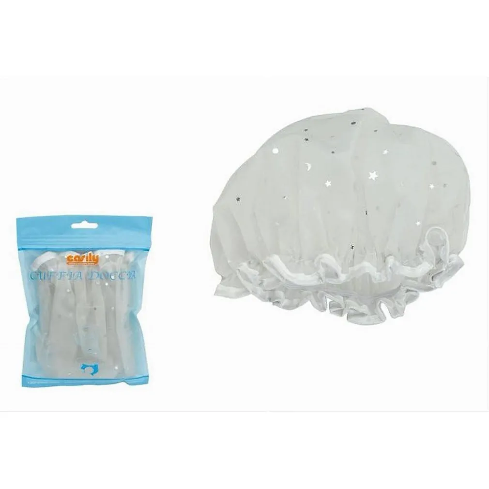 SET 2PZ CUFFIA DOCCIA BAGNO ELASTICO BORDINO BIANCO STELLE PROTEGGE CAPELLI 79606