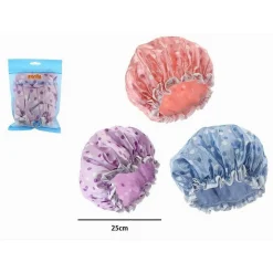 SET 2PZ CUFFIA DOCCIA BAGNO COLORATA POIS LUCIDA ELASTICO PROTEGGE CAPELLI 87179