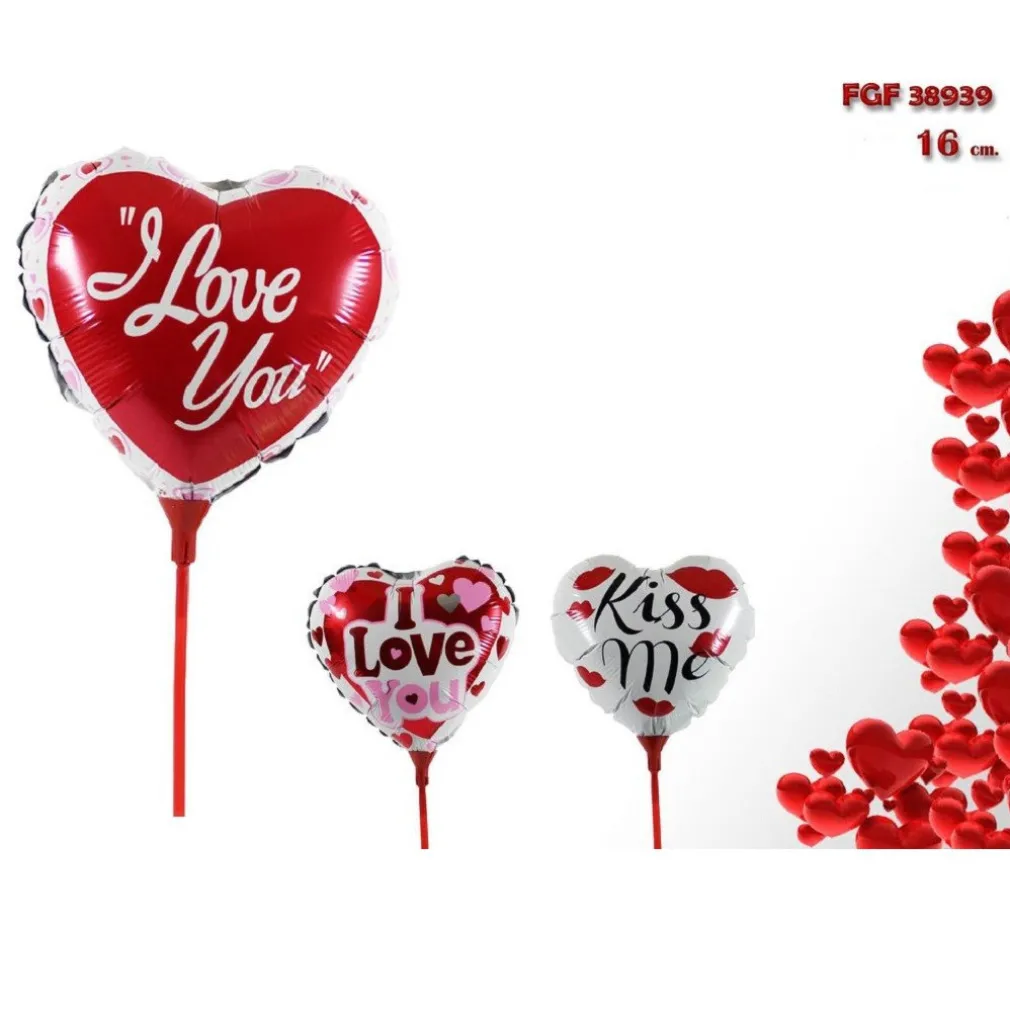 SET 6PZ CUORE PALLONCINO GONFIABILI CON ASTA 16CM ASSORTITI SAN VALENTINO 38939