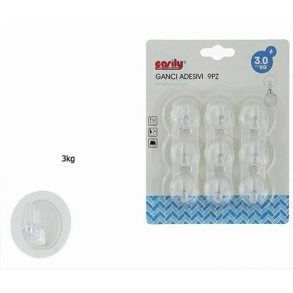 SET 9PZ GANCI APPENDINI ADESIVI A PARETE PER CASA CUCINA BAGNO TRASPARENTE 87762