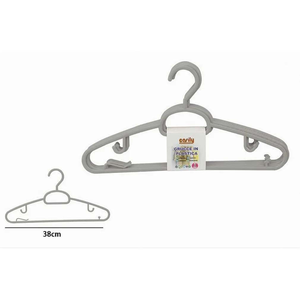 SET 5PZ GRUCCE IN PLASTICA STAMPELLE APPENDIABITO PANTALONI GIACCHE GRIGIO 79325