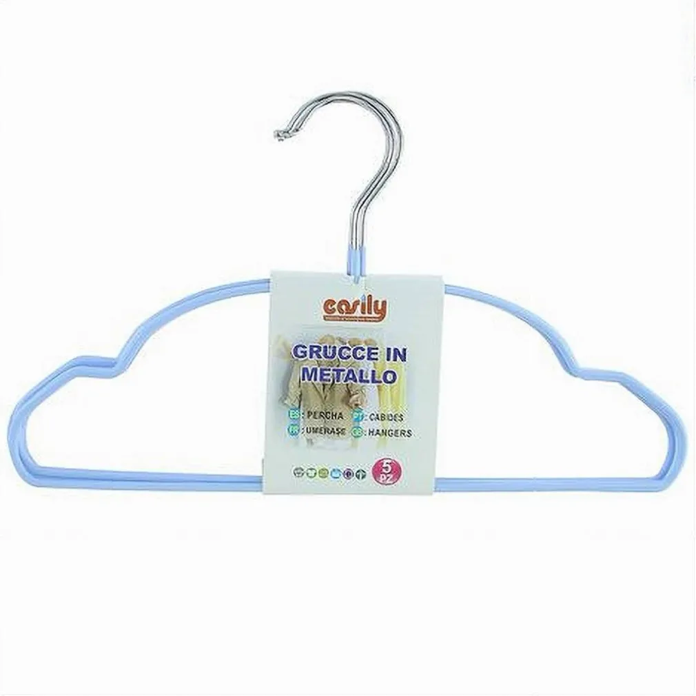 SET 5PZ GRUCCE STAMPELLE METALLO GOMMATE ANTISCIVOLO CELESTE APPENDI ABITI 87675