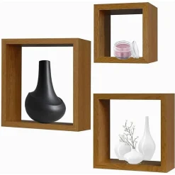SET 3PZ MENSOLE DA PARETE A CUBO MODERNE DESIGN QUADRATO EFFETTO LEGNO 2 RIPIANI