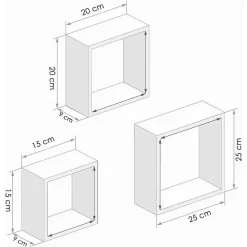SET 3PZ MENSOLE DA PARETE A CUBO MODERNE DESIGN QUADRATO EFFETTO LEGNO 2 RIPIANI