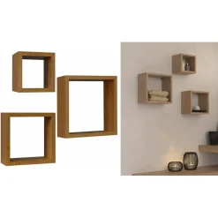 SET 3PZ MENSOLE DA PARETE A CUBO MODERNE DESIGN QUADRATO EFFETTO LEGNO 2 RIPIANI