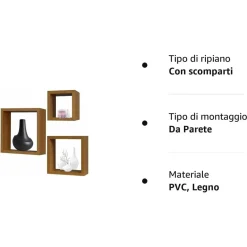 SET 3PZ MENSOLE DA PARETE A CUBO MODERNE DESIGN QUADRATO EFFETTO LEGNO 2 RIPIANI