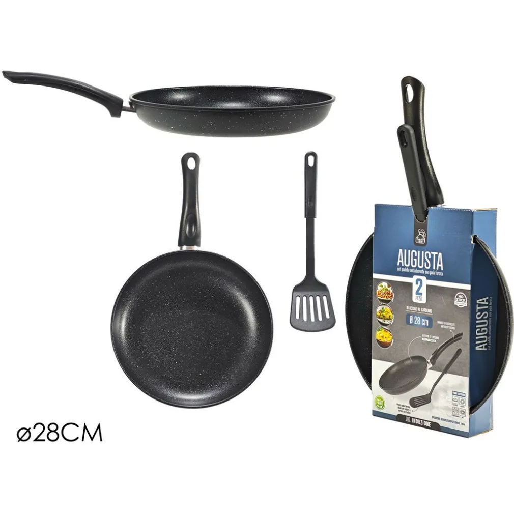 SET 2PZ PADELLA ANTIADERENTE ⌀28CM CON PALA SPATOLA FORATA MANICO ANTISCOTTATURA PFOA FREE