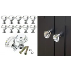 SET 2PZ POMELLO CRISTALLO ARGENTO 25X30MM MANIGLIA PLASTICA PER MOBILI CASSETTO VITI