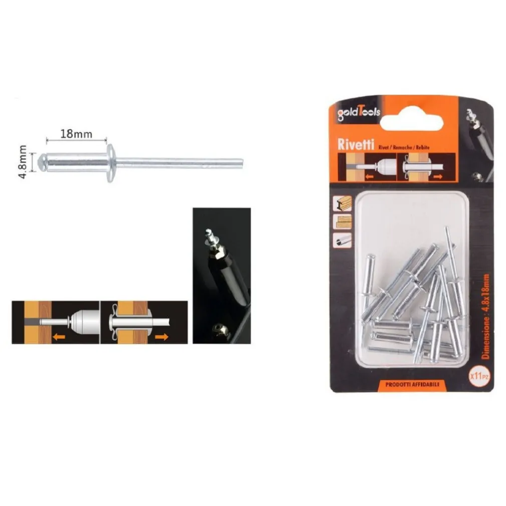SET 11PZ RIVETTI RIVETTO 4.8X18MM ACCESSORI BRICOLAGE FERRAMENTA FAI DA TE 90823