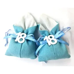 SET 12PZ SACCHETTO AZZURRO NUMERO 18 ANNI JUTA 10X13CM BOMBONIERA PORTACONFETTI
