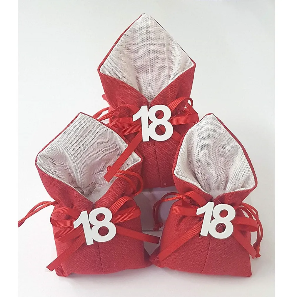 SET 12PZ SACCHETTO COLORATO NUMERO 18 ANNI JUTA 10X13CM BOMBONIERA PORTACONFETTI