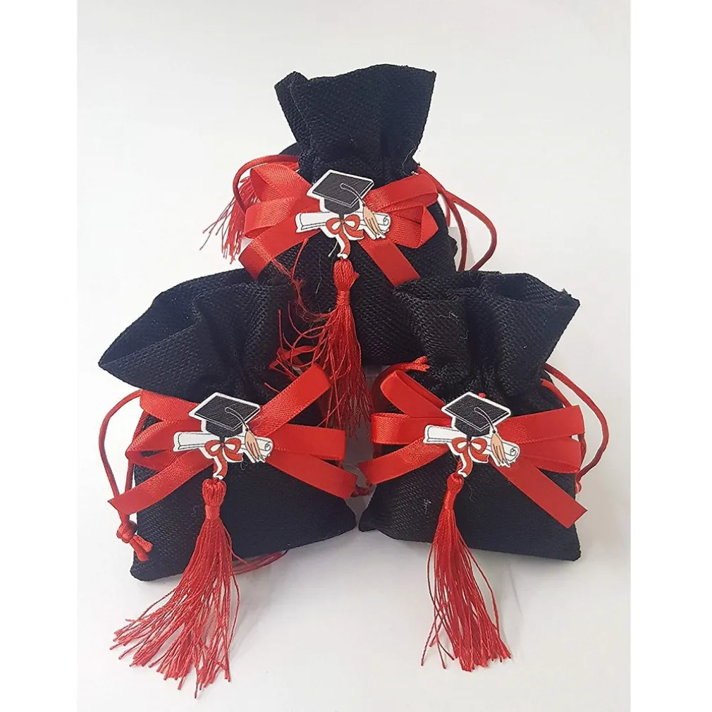 SET 12PZ SACCHETTO NERO LAUREA JUTA 10X12CM BOMBONIERA BOMBONIERE PORTA CONFETTI