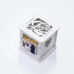 SET 12PZ SCATOLA SPOSI MATRIMONIO 5.5X5.5CM LEGNO BIANCO SCRITTA LOVE BOMBONIERA