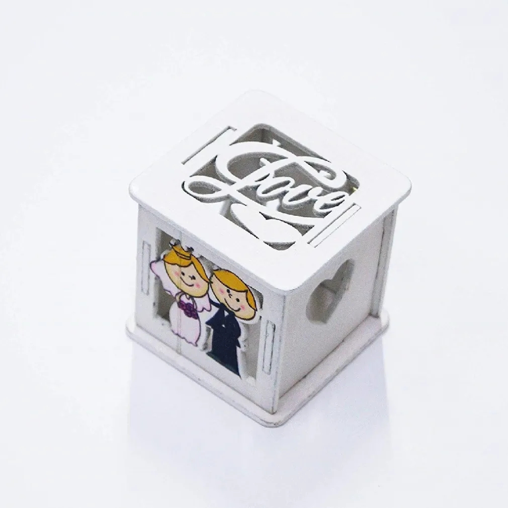 SET 12PZ SCATOLA SPOSI MATRIMONIO 5.5X5.5CM LEGNO BIANCO SCRITTA LOVE BOMBONIERA
