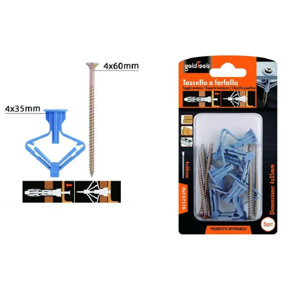 SET 5PZ TASSELLI AD ESPANSIONE TASSELLO A FARFALLA 4X35MM VITI VITE 4X60MM 57176