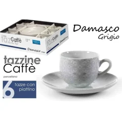 SET 6PZ TAZZINE CAFFÈ PIATTINO CLASSICO MODERNO DAMASCO GRIGIO PORCELLANA 720383