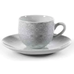 SET 6PZ TAZZINE CAFFÈ PIATTINO CLASSICO MODERNO DAMASCO GRIGIO PORCELLANA 720383
