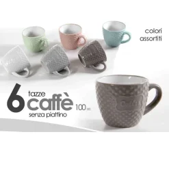 SET 6PZ TAZZINE CAFFE' SENZA PIATTINO COLORI ASSORTITI DECORO CAFFE 100CC 723506
