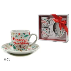 SET 2PZ TAZZINE DA CAFFÈ DA 8 CL BIANCHE CON PIATTINO IN CERAMICA CON DECORO NATALIZIO