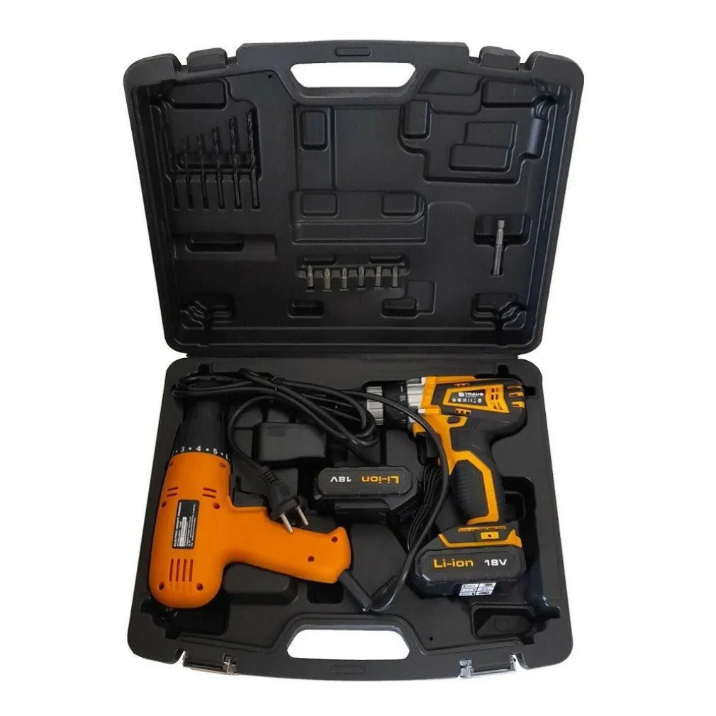 SET 2PZ TRAPANO ELETTRICO 710W + AVVITATORE DOPPIA BATTERIA 18V ACCESSORI IW017