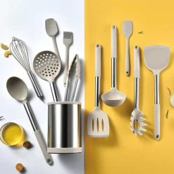 SET 12PZ UTENSILI DA CUCINA MESTOLI IN SILICONE ACCIAIO ANTIADERENTE PORTAPOSATE GIREVOLE