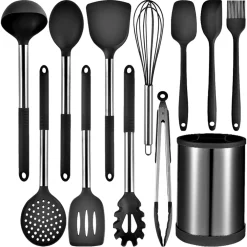 SET 12PZ UTENSILI DA CUCINA MESTOLI IN SILICONE ACCIAIO ANTIADERENTE PORTAPOSATE GIREVOLE