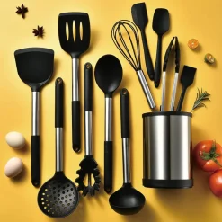SET 12PZ UTENSILI DA CUCINA MESTOLI IN SILICONE ACCIAIO ANTIADERENTE PORTAPOSATE GIREVOLE