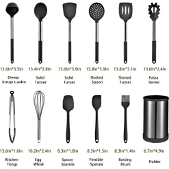 SET 12PZ UTENSILI DA CUCINA MESTOLI IN SILICONE ACCIAIO ANTIADERENTE PORTAPOSATE GIREVOLE