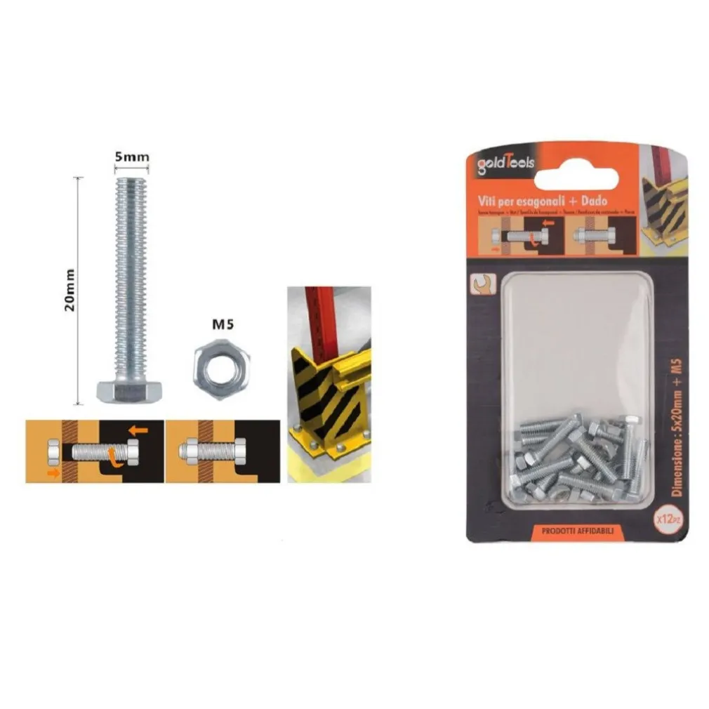 SET 12PZ VITE VITI PER ESTERNO A TESTA ESAGONALI 5 X 20MM CON DADI DADO M5 90910